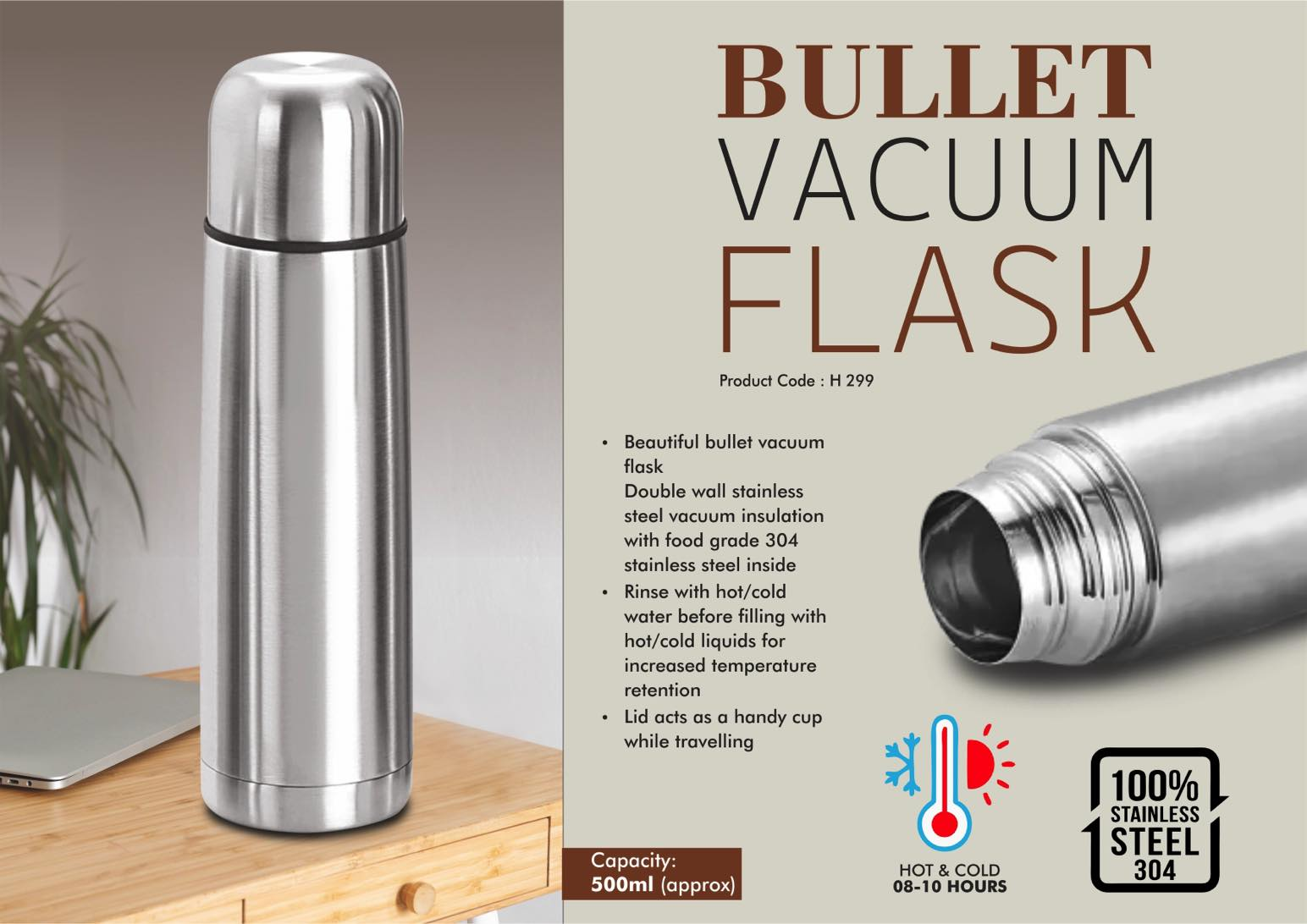 Power Plus Bullet 500ml Vacuum Flask – 304 Steel