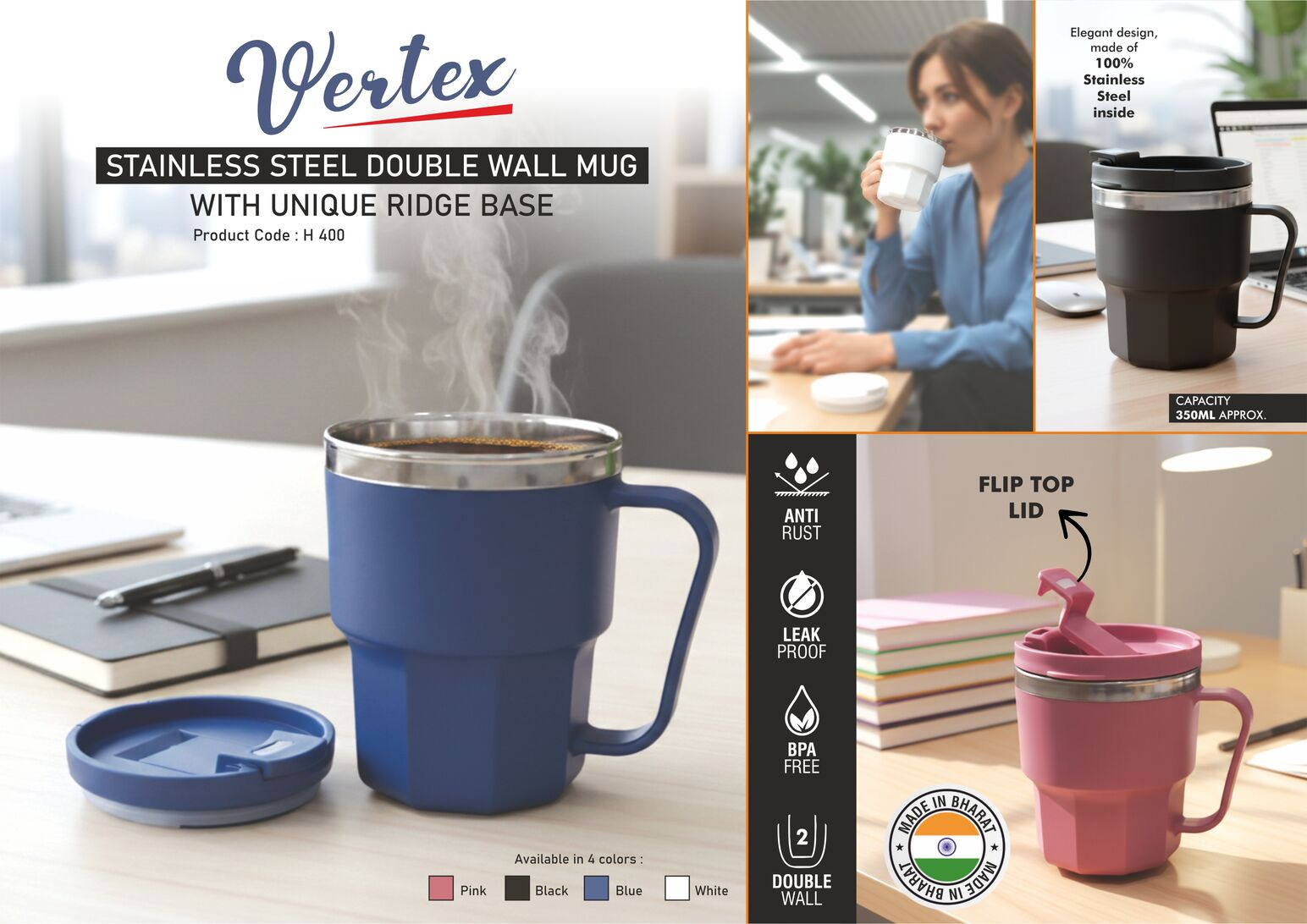 Vertex 350ml Double Wall Stainless Steel Mug – Leak Proof