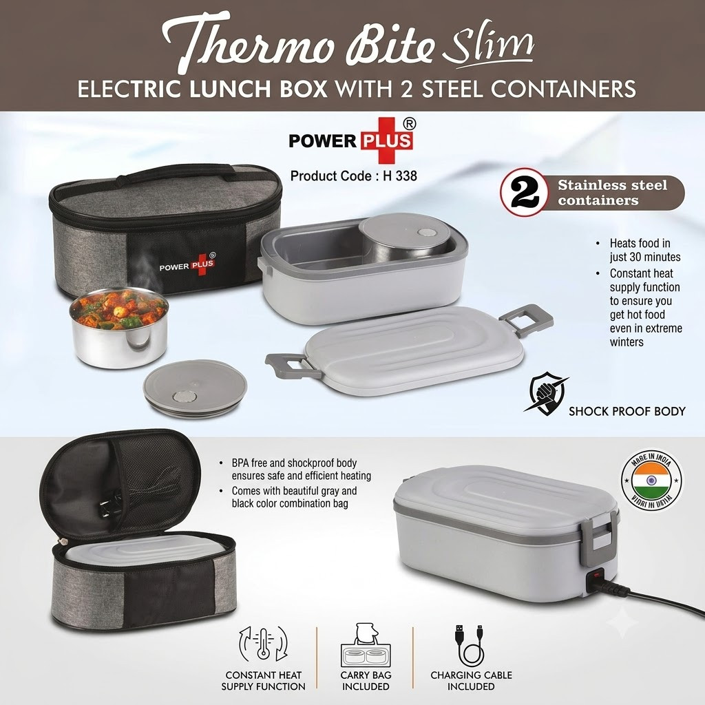 ThermoBite Slim Electric Lunch Box with 2 Steel Containers