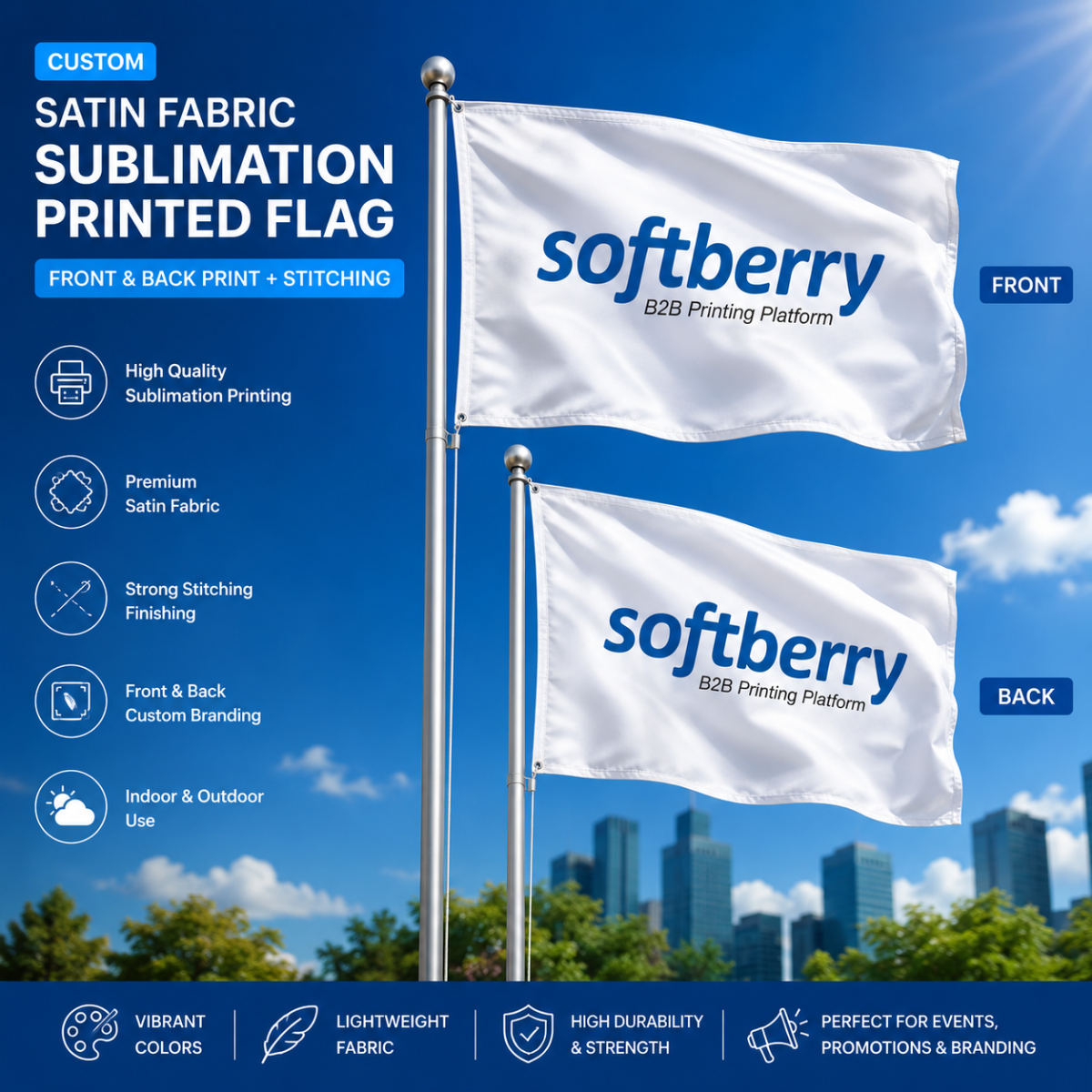 Custom Satin Fabric Sublimation Printed Flag | Front Back Print & Stitching