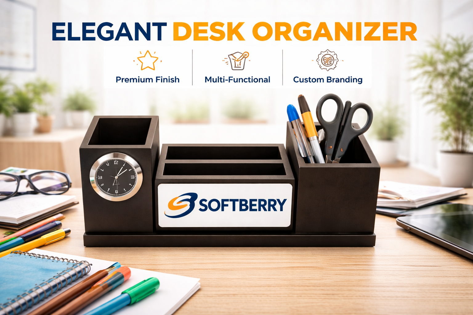 Desk Organizer with Clock – Multi Utility Study & Office Use