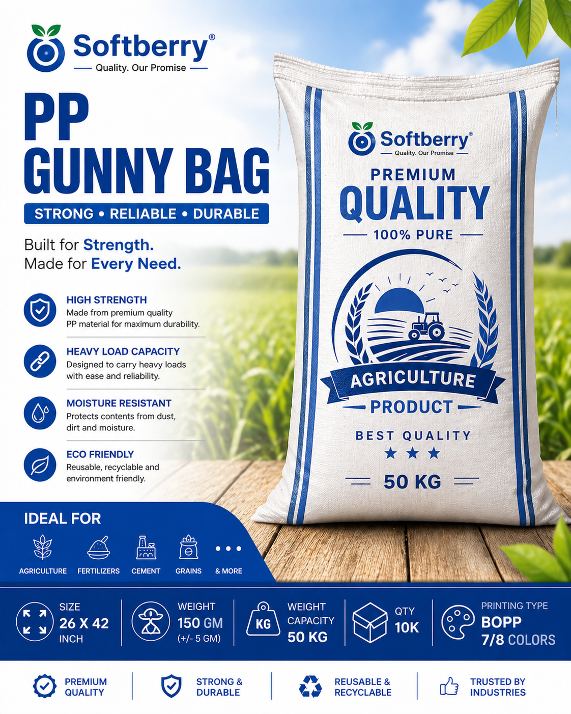PP Gunny Bag (BOPP Printed | 50 KG Capacity | 26x42 Inch)