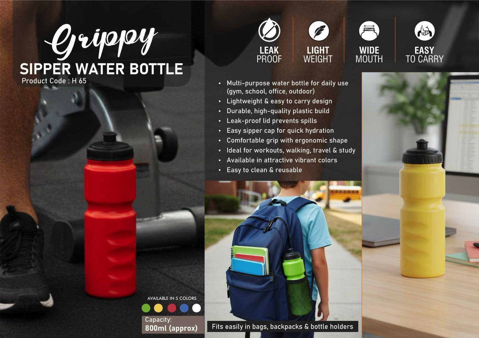 Grippy 800ml Sipper Water Bottle