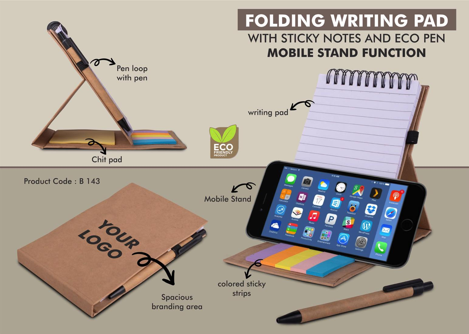 B143 Folding Writing Pad with Sticky Notes, Eco Pen & Mobile Stand