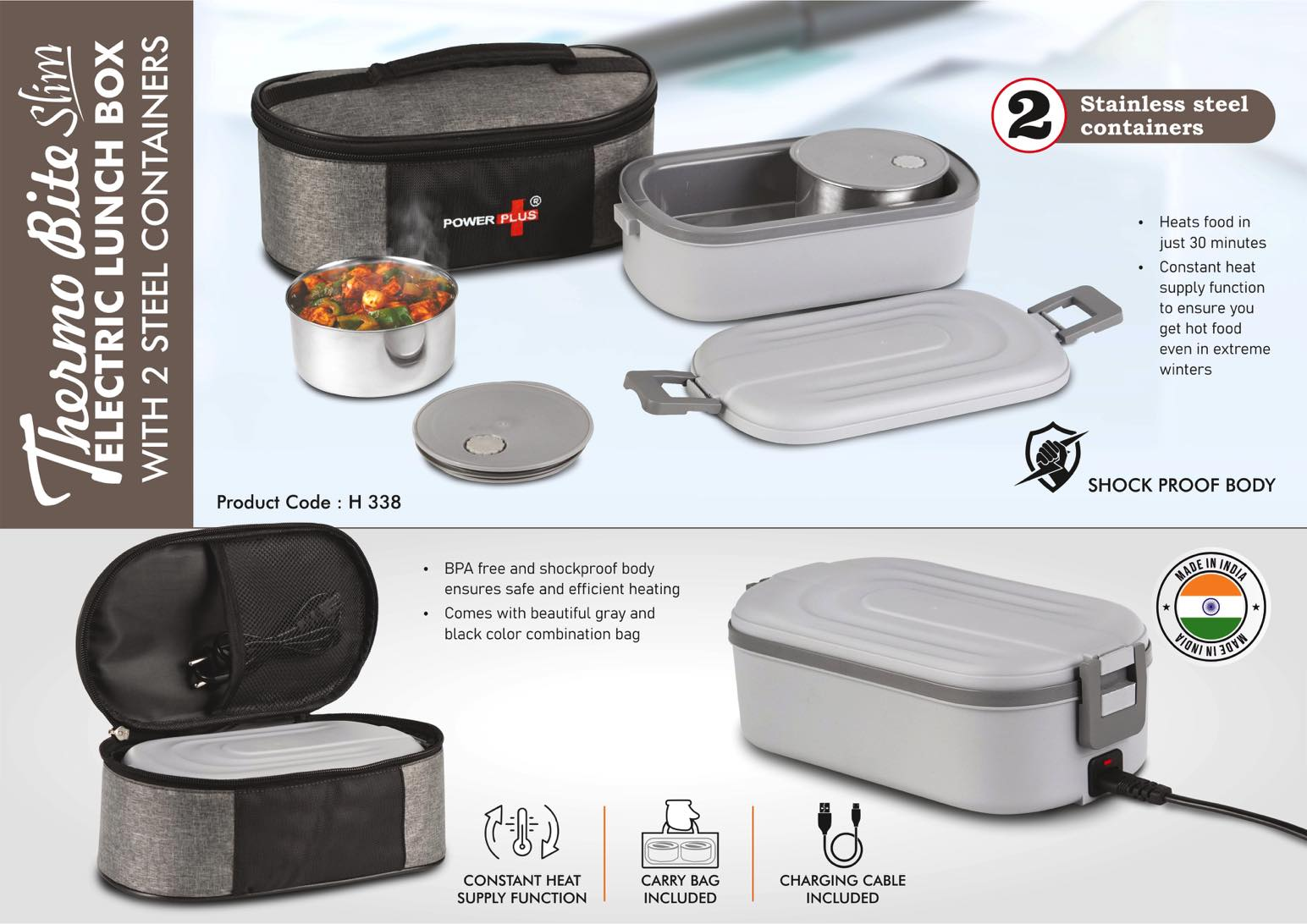 ThermoBite Slim Electric Lunch Box with 2 Steel Containers